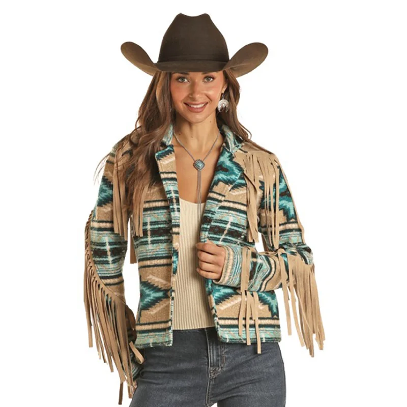 All-Day Wear Rock & Roll Women's Turquoise and Tan Aztec Fringe Berber Jacket