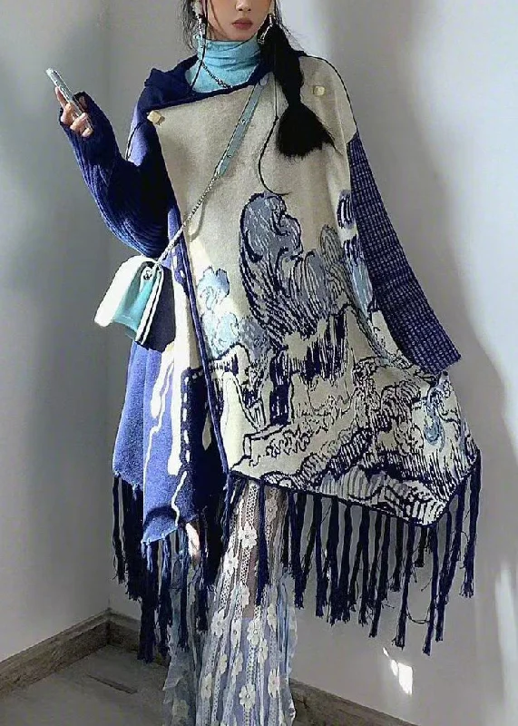 Easygoing Style Art Blue Hooded Tasseled Print Knit Dresses Spring