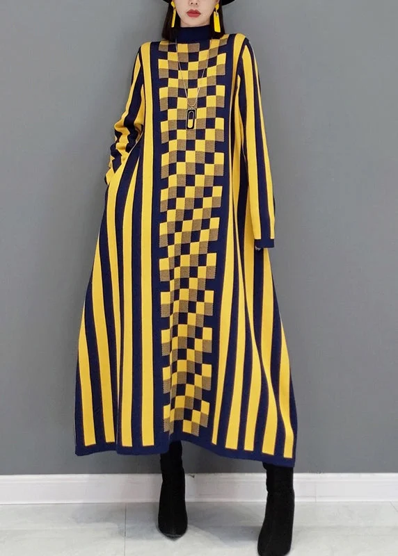 Everyday Style French Yellow Striped Hign Neck Patchwork Knit Long Dress Fall