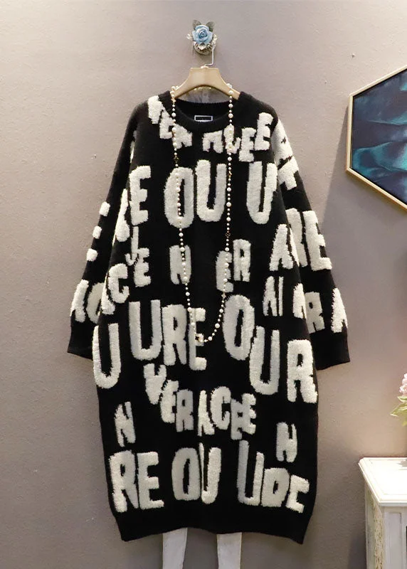 Breathable Comfort Italian White O-Neck Oversized Letter Jacquard Long Sweater Winter