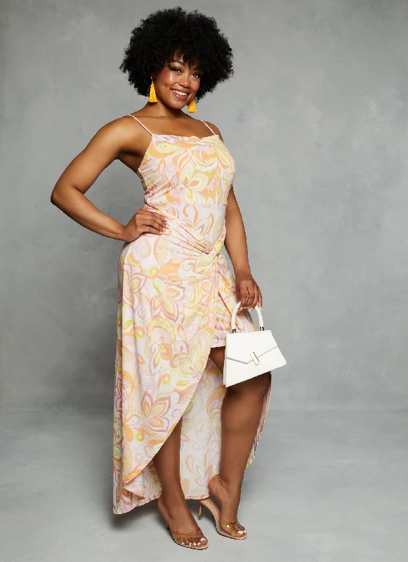 Chic Comfort Plus Size Haute Monde Tropical Leaf Print High Low Maxi Dress
