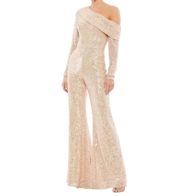 Cozy Outerwear Off Shoulder Sequin Flared Jumpsuit In Rose Gold