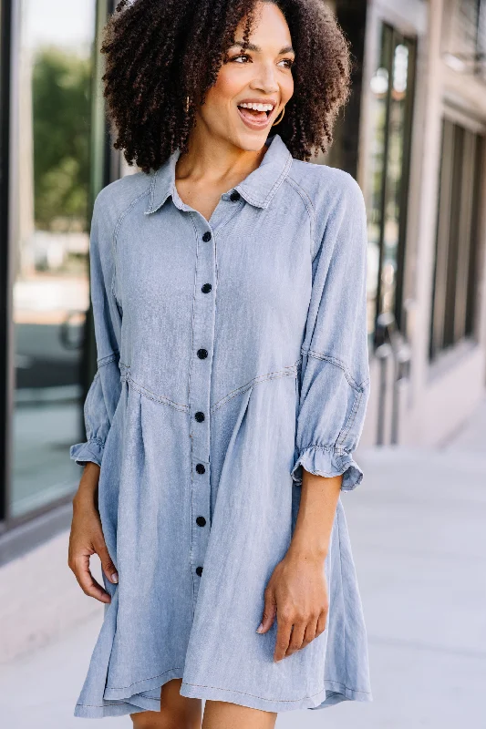 British Style Part Of You Light Denim Blue Hand Dyed Button Down Dress