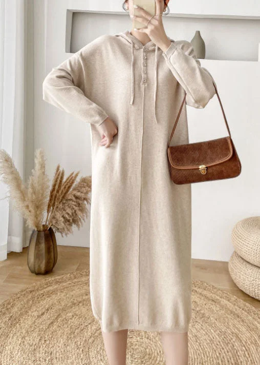 Stylish Ease Apricot Button Knitted Dress Cinched Winter
