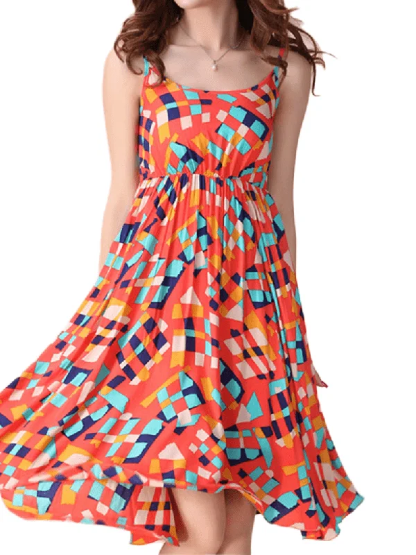 Layered Comfort Bohemian Women Strap Flower Pattern Printing Beach A-Line Dress