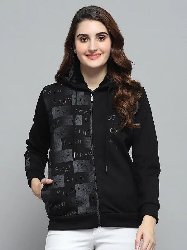 Daily Comfort Women Black Printed Hooded Full Sleeve Sweatshirt