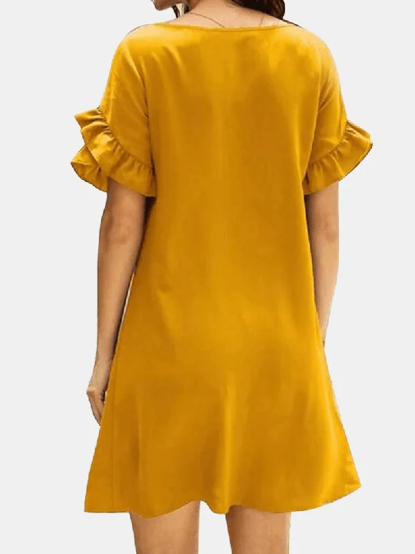 Modern Comfort Solid Causal V-Neck Short Ruffled Sleeve Dress for Women