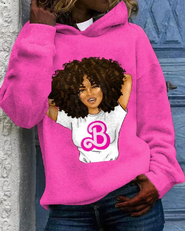 Comfortable Dresses Afro Barbie Girl Print Long-sleeved Hoodie