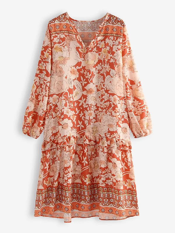 Timeless Comfort Bohemian Floral Print Patch V-Neck Loose Casual Dress