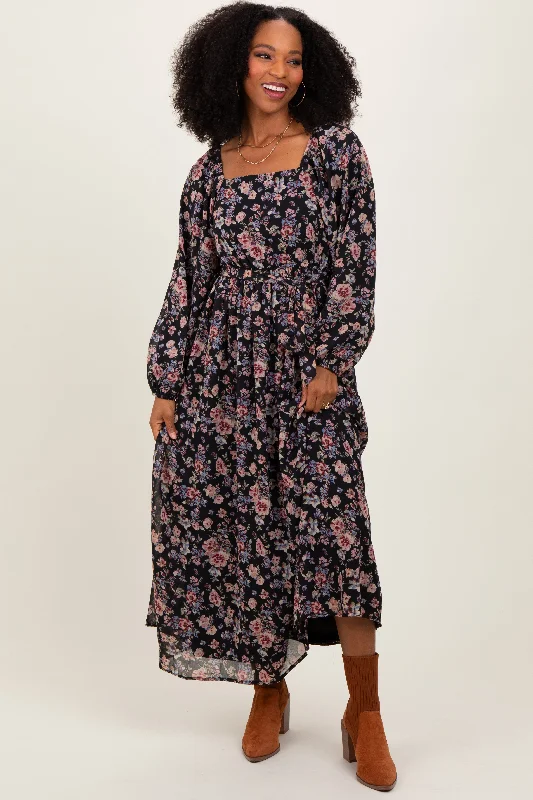 Comfortable Fashion Black Floral Square Neck Front Tie Midi Dress