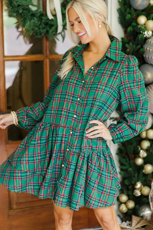 Energy Plan It's Your Place Green Plaid Button Down Dress