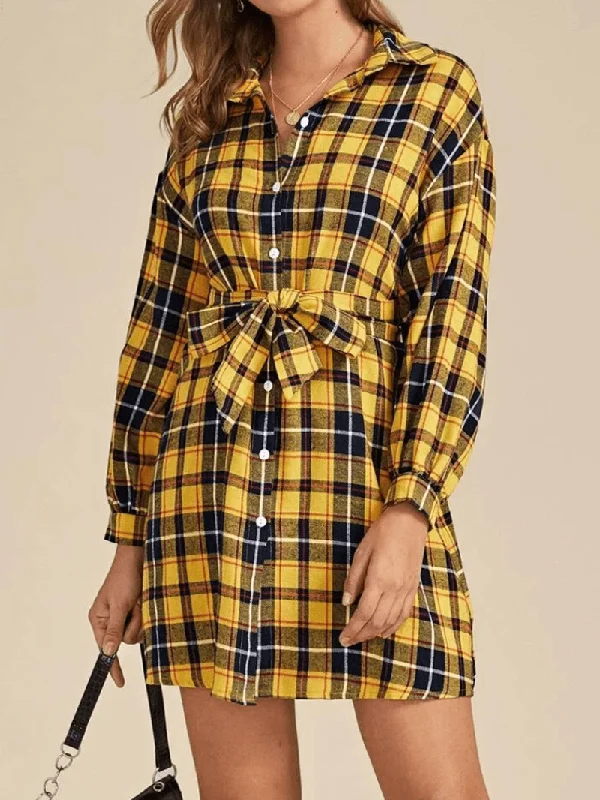 Weekend Style Chic Long Sleeved Lapel Belted Long Sleeve Plaid Shirt Dress for Women
