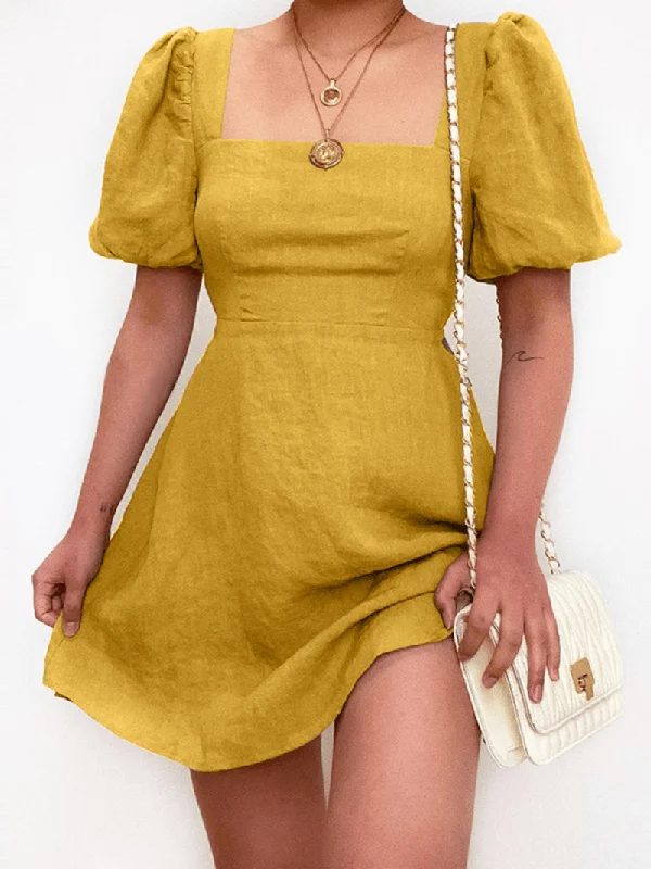 Cozy Sweaters Women's Casual Square Neck Puff Sleeve A-Line Mini Dress with Simple Design