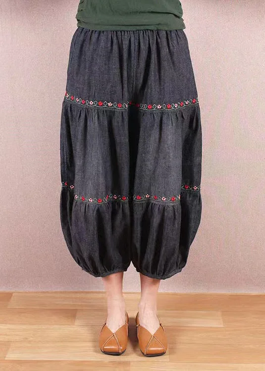 Summer Comfort Organic Black Grey Embroidered Patchwork Denim Lantern Trousers Summer