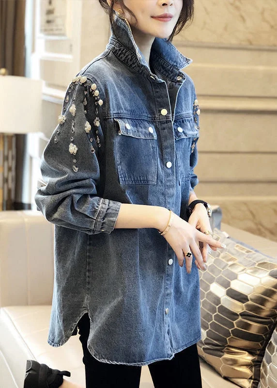 Smart Comfort Handmade Blue Square Collar Pearl Patchwork Denim Coats Long Sleeve