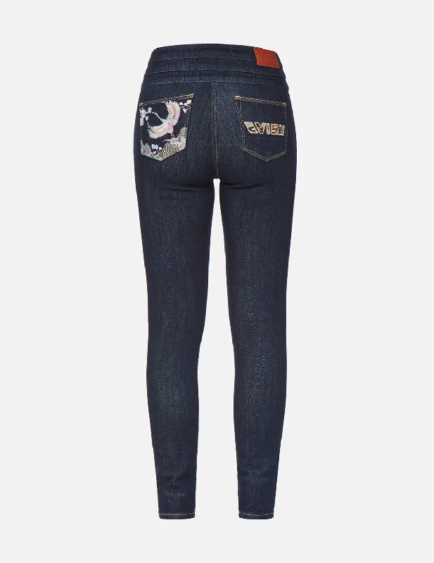 Chic Outfits Crane Embroidery and Logo Appliqué Skinny Jeans