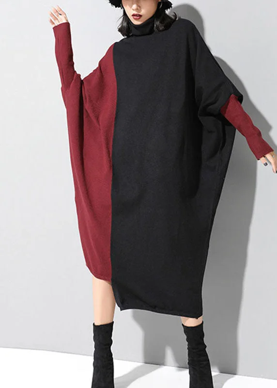 Comfy Pants Fitted Black Patchwork Red asymmetrical design Fall Winter Sweater Dress