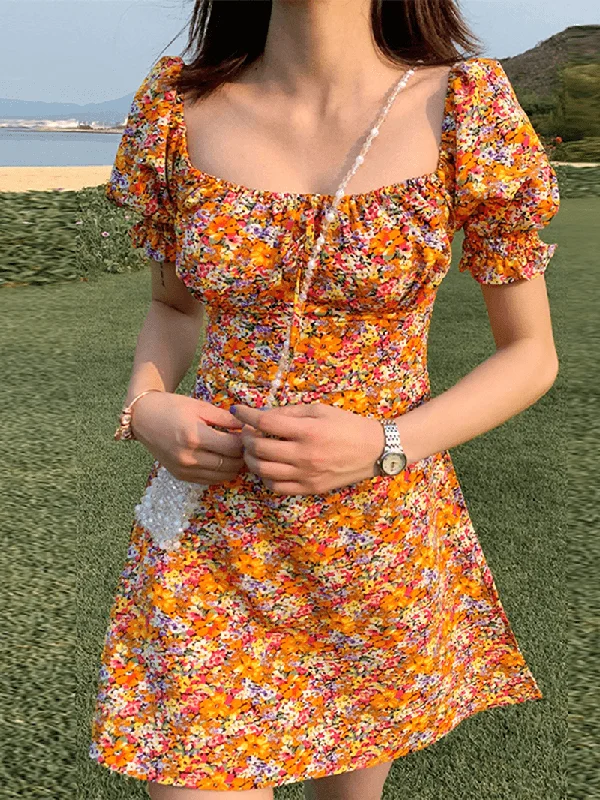 Classic Choice Women Maid Square Neck Puff Sleeve Floral Pleated Mini Dress