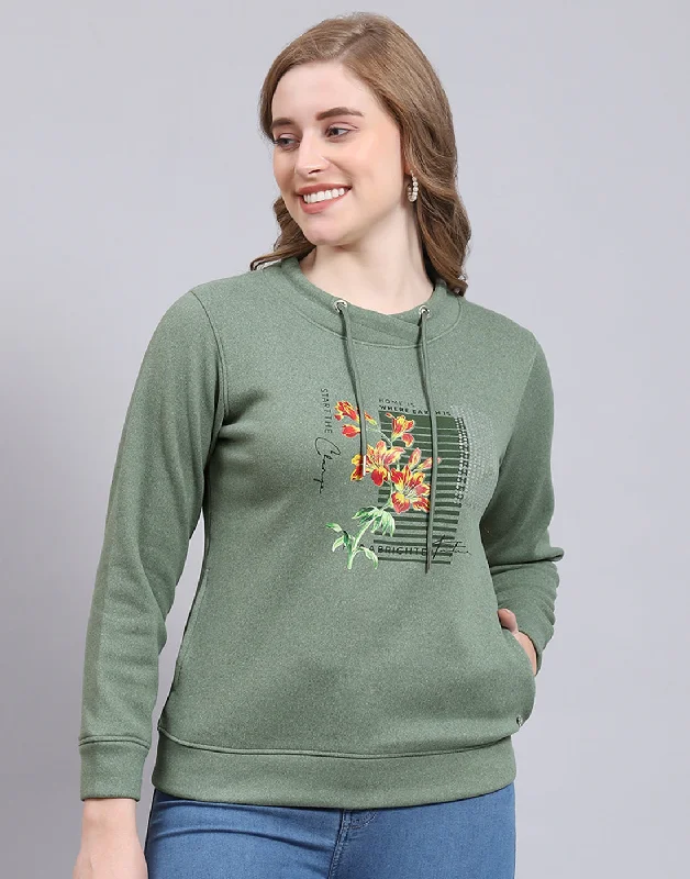 Comfy Pants Women Green Printed Round Neck Full Sleeve Sweatshirt