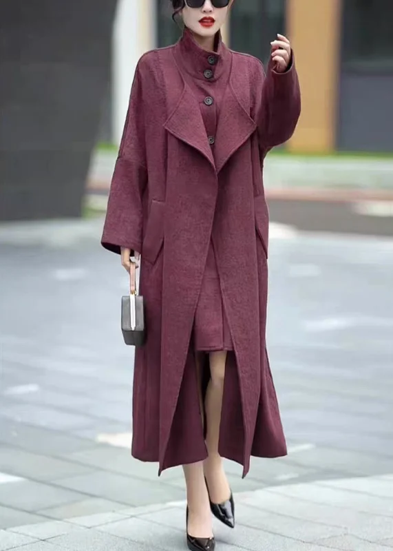 Weekend Style Loose Purple Button False Two Pieces Cotton Long Trench Coat Winter