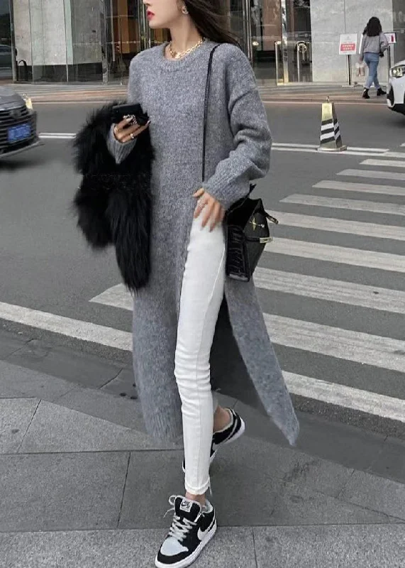 Relaxed Dresses Grey Thick Patchwork Knit Sweaters Dress O Neck Side Open Fall