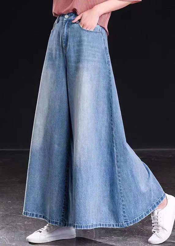 Fashion Comfort Spring Versatile Light Blue Pockets Denim Wide Leg Pants
