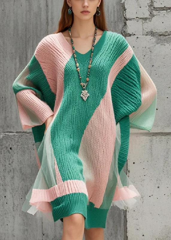 Effortless Comfort Elegant Colorblock Oversized Patchwork Tulle Knitted Dress Fall
