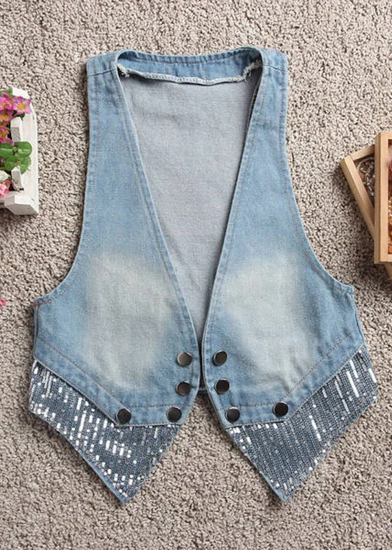 Easygoing Style Art Light Blue V Neck Patchwork Button Denim Waistcoat Fall