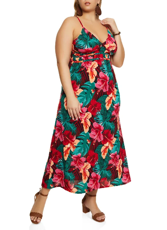 Daily Comfort Plus Size Floral Print Smocked Cami Maxi Dress