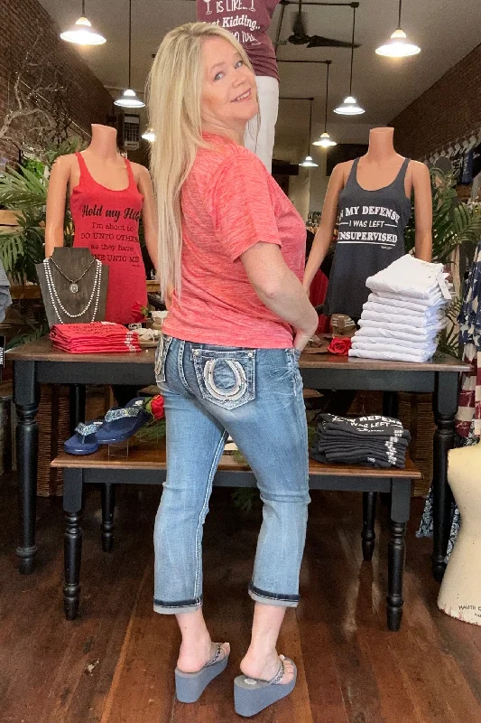 Simple Comfort Miss Me "HORSESHOE BLUES" Mid Rise Denim Capri