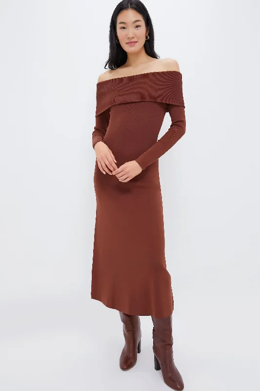 Cozy Pants Mocha Knit Off-The-Shoulder Adrianna Dress