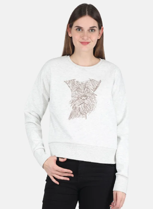 Breathable Comfort Women Off White Printed Sweatshirt