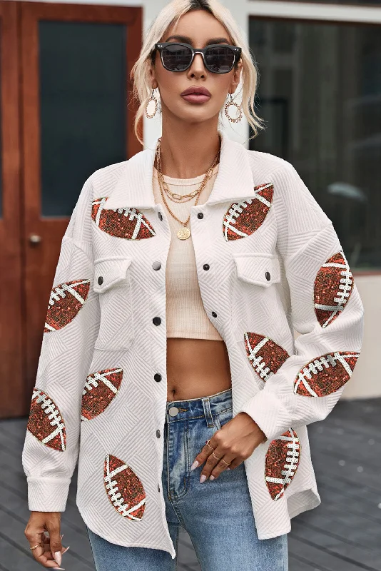 Comfort Fit Sequin Football Patch Collared Neck Snap Button Jacket