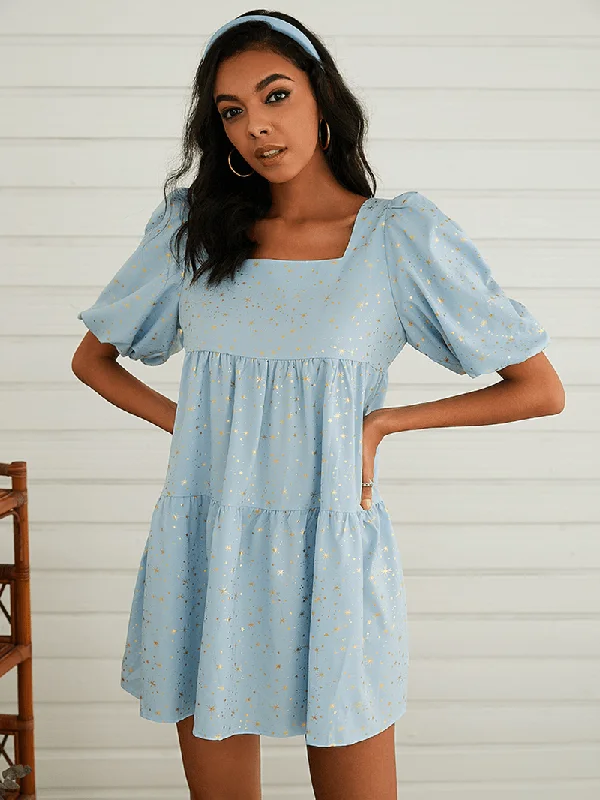 Cozy Shirts Women Star Print Square Neck Back Lace-Up Layered Short Sleeve Mini Dress