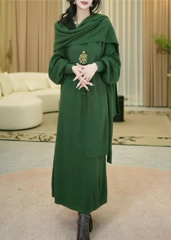 Effortless Dressing Women Green Cozy Solid Long Knit Dress Winter