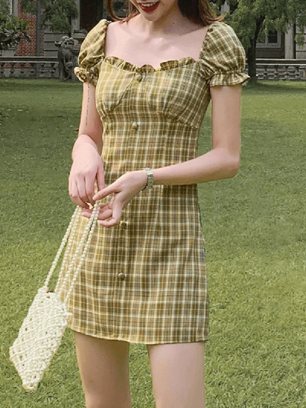 Comfy Chic Puff Sleeve Ruffles Square Neck Summer Holiday Mini Dress for Women