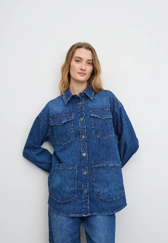 Versatile Style Mille Oversize Shirt Jacket - Long Sleeve - Washed Blue Denim