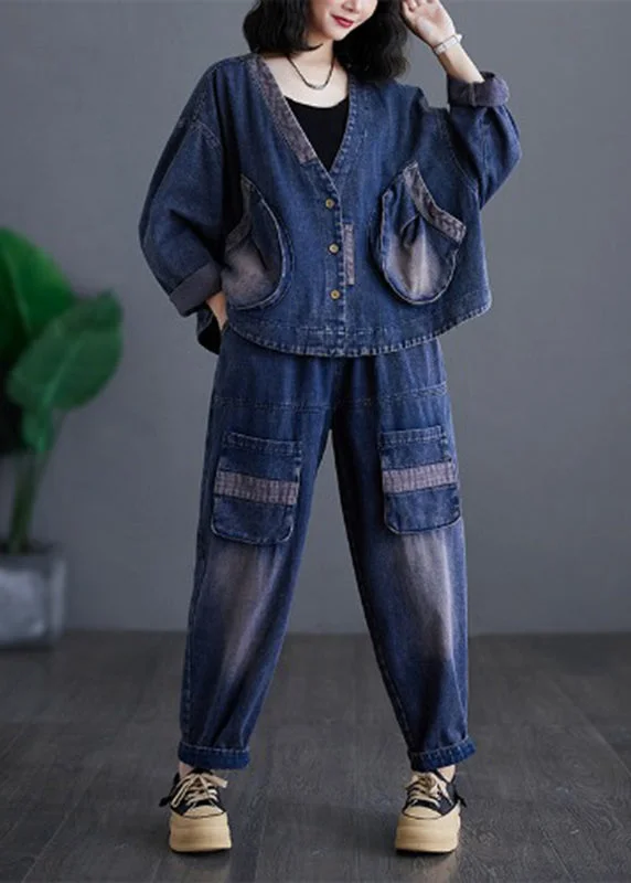 Soft Touch Casual Navy V Neck Patchwork Denim Coats And Harem Pants Two Pieces Sets Long Sleeve