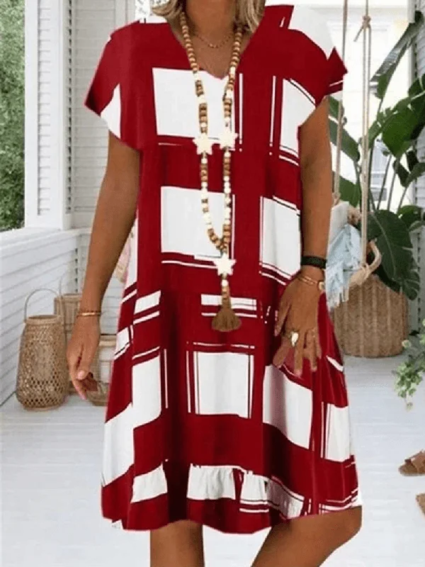 Fashionable Ease Casual Plaid V-Neck Short Sleeve Mini Loose Dress