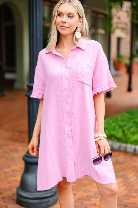 Fashion Must-have Reach Out Bubble Gum Pink Button Down Dress