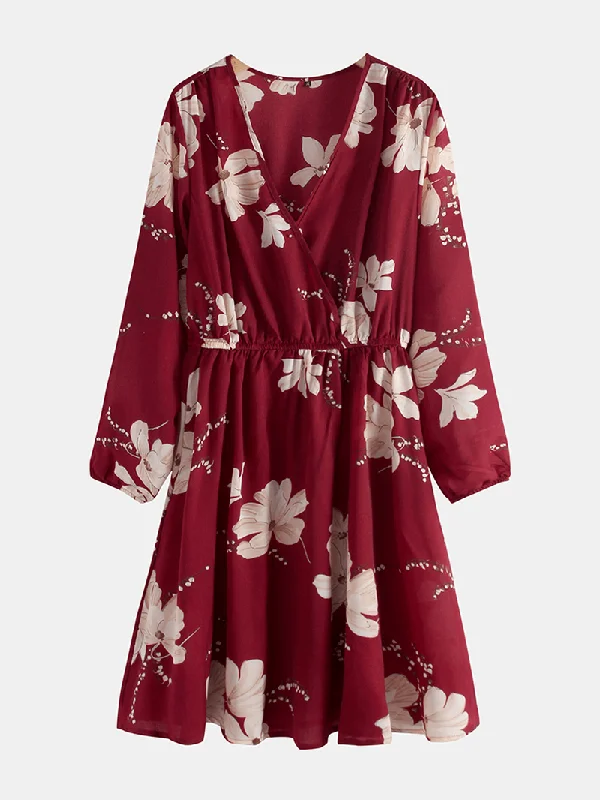 Versatile Wear Women Long Sleeve V-Neck Floral Print Mini Dress