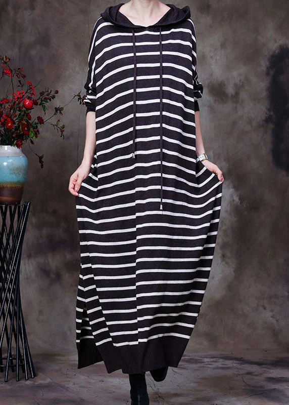 All-Day Wear Elegant Chocolate drawstring Hooded Striped Knit Long Dresses Spring
