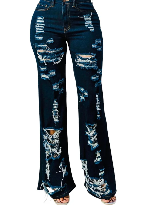 Luxe Comfort Distressed Jeans In Dark Blue