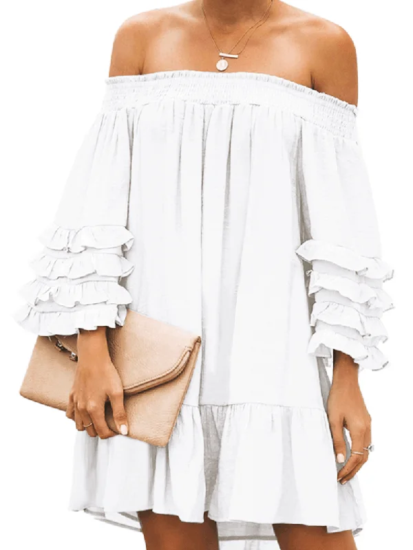 Trendy Looks Off Shoulder Pleats Solid Casual Mini Dresses for Women