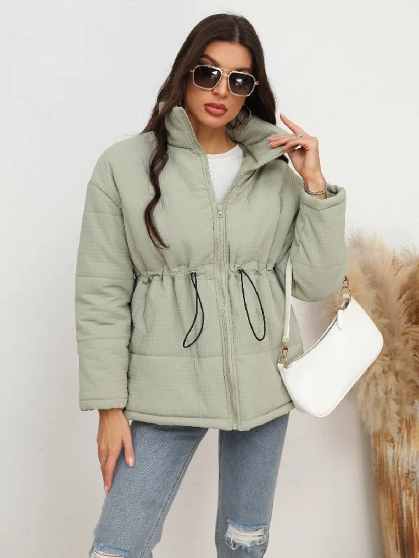 Comfortable Looks Drawstring Waist Zip-Up Puffer Jacket