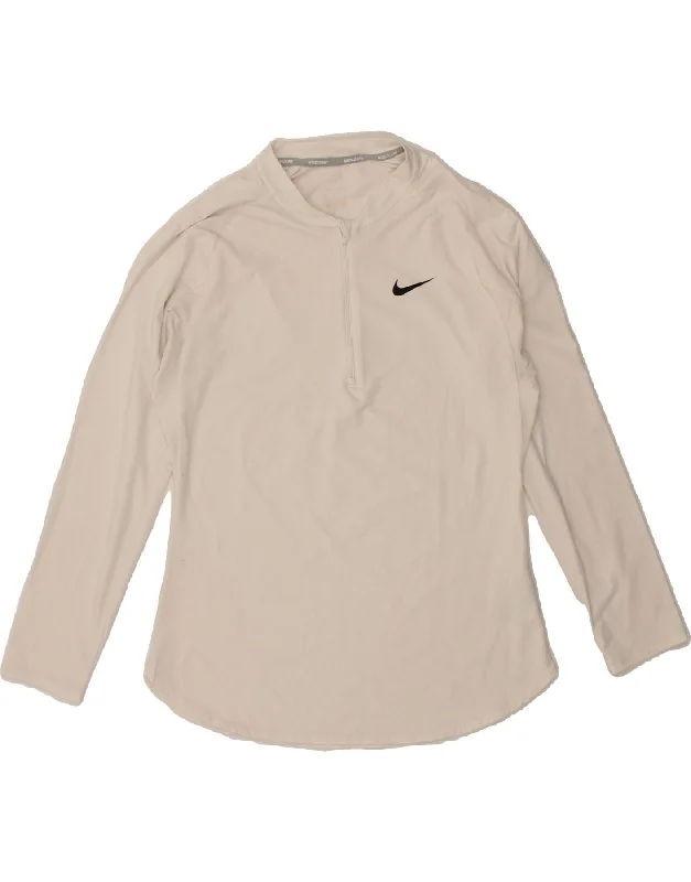 Lounge Chic NIKE Womens Dri Fit Top Long Sleeve UK 14 Medium White Polyester