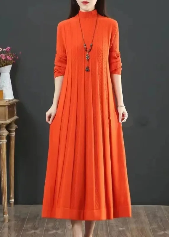 Relaxed Fit Classy Orange Hign Neck Wrinkled Patchwork Knit Long Dress Winter