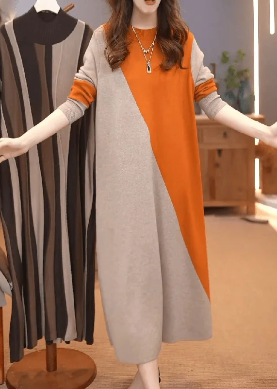 Cozy Layers Classy Orange O-Neck Patchwork Cotton Knit Sweater Dress Winter