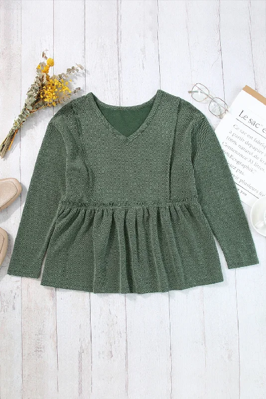 Stylish Wear Peplum V-Neck Long Sleeve T-Shirt