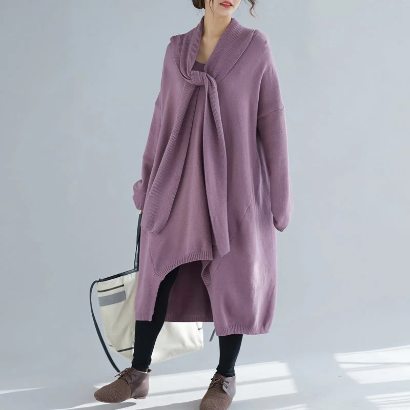 Cozy Fit Comfy o neck asymmetric Sweater Aesthetic Largo purple Ugly knit dress